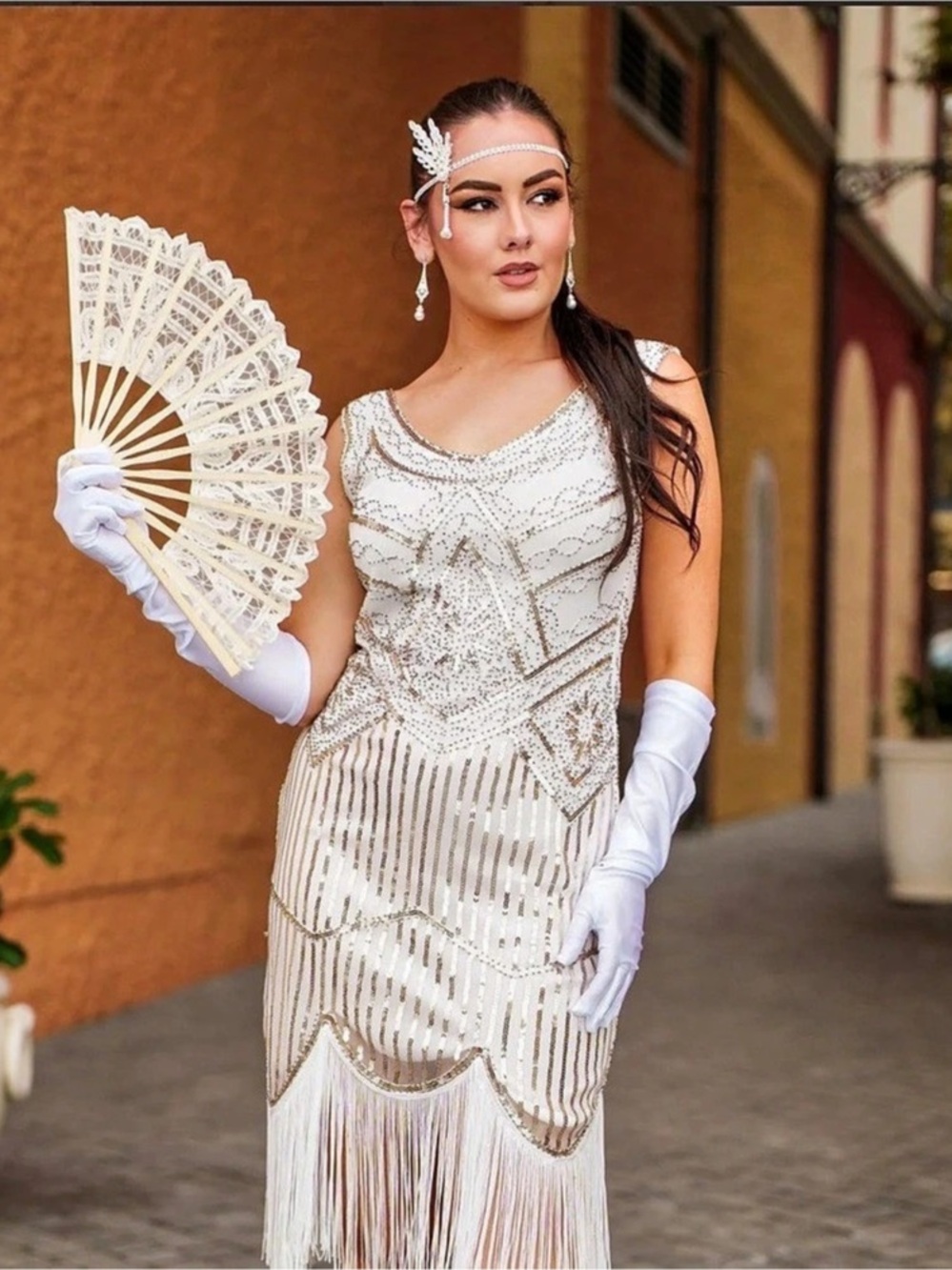1920s White &Gold beaded Flapper Dress!